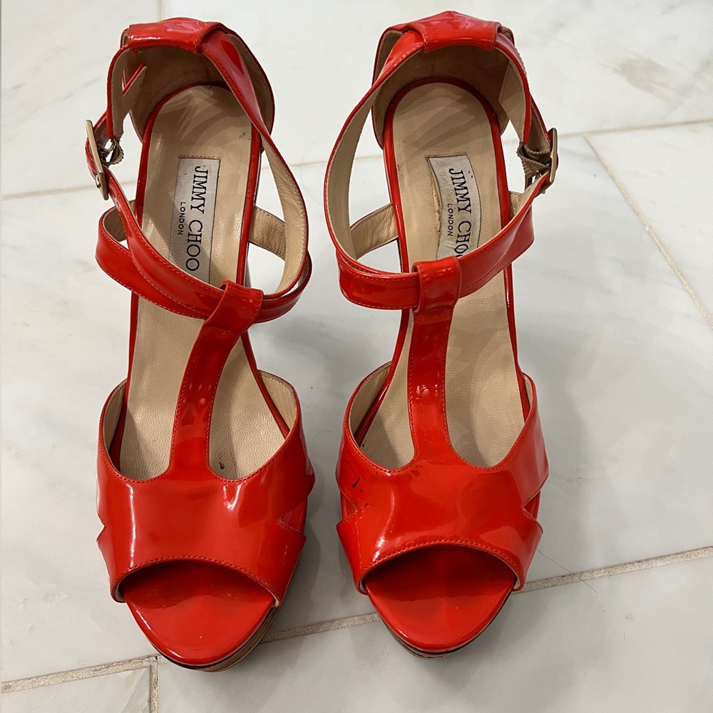 Jimmy Choo Orange Red Heels with T-Strap Design
